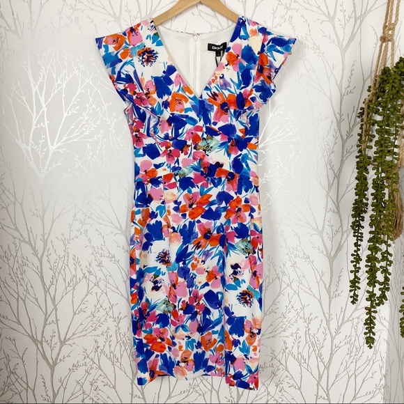 DKNY V-Neck Watercolor Floral Print Ruffle Cap Sleeve Sheath Dress NWT 2 - Picture 4 of 10